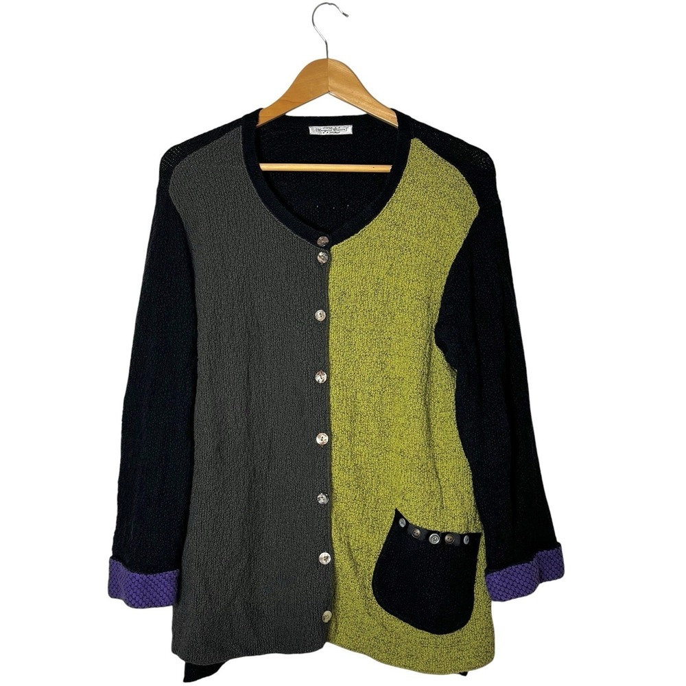 Vintage Color Block Cardigan Margaret Winters Art-to-Wear Sweater Size Large